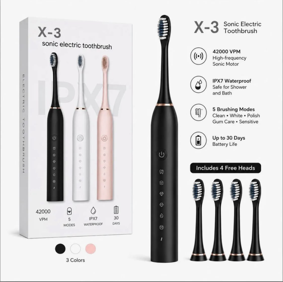 Pureteeth X-3 Rechargeable Electric Toothbrush | IPX7 Waterproof | 4 Brush Heads