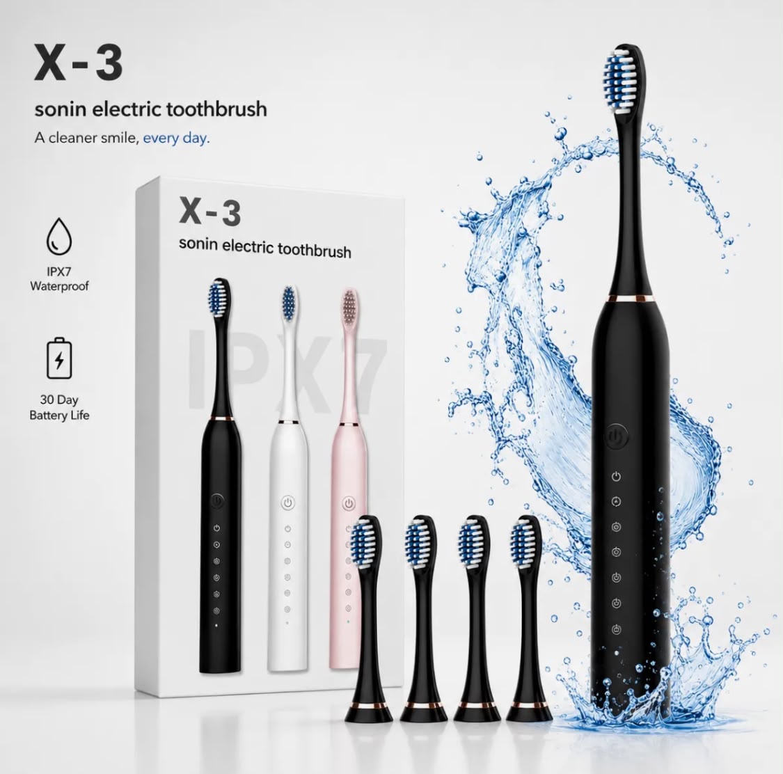 Pureteeth X-3 Rechargeable Electric Toothbrush | IPX7 Waterproof | 4 Brush Heads